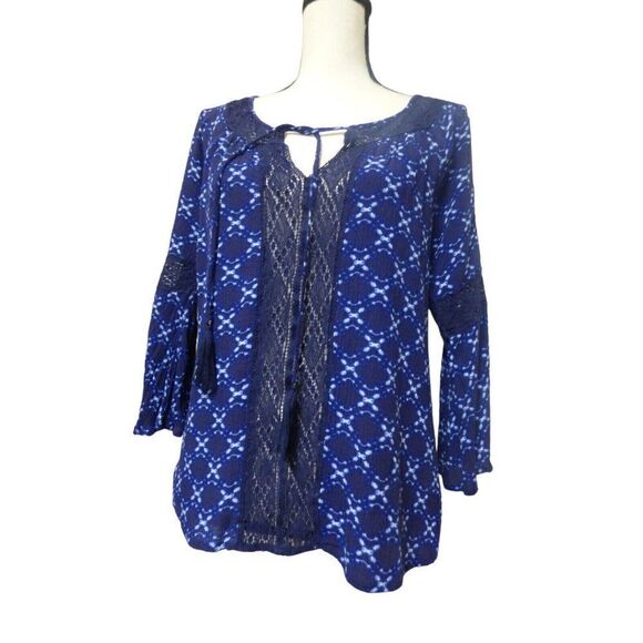 Jessica Simpson ¾ Bell Sleeve Printed Peasant Top, Blue, Size S - Picture 1 of 7